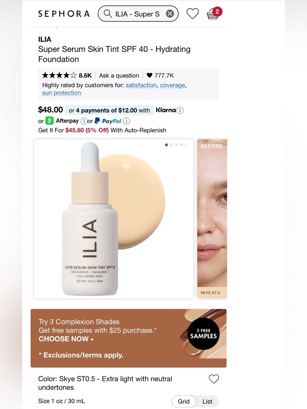 ILIA Super Serum Skin Tint SPF 40 - Light Beige (Skye ST5)